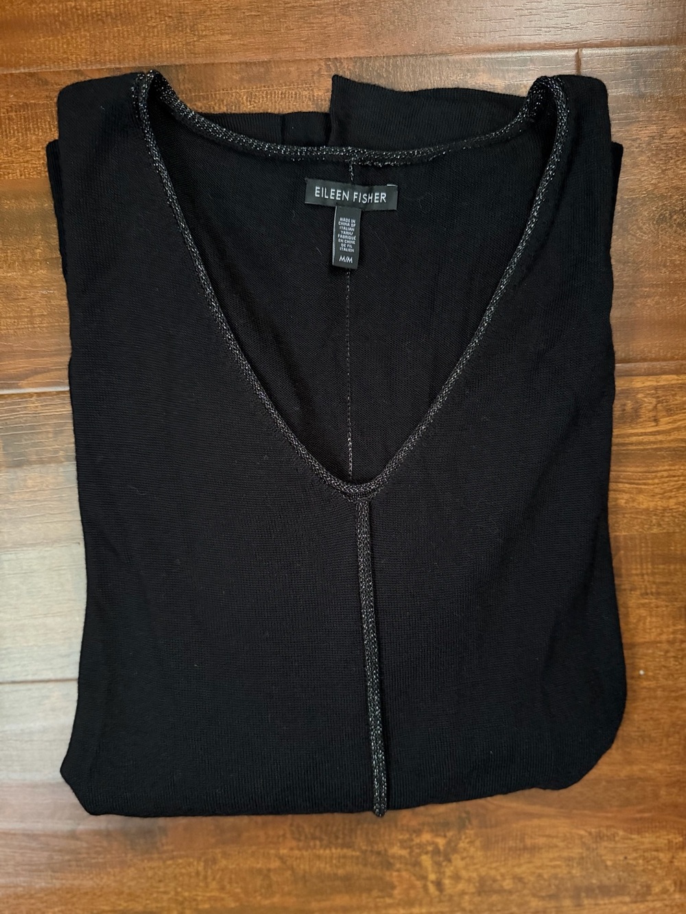 Eileen Fisher Black V-Neck Long Sleeve Merino Wool Tunic with Center Seam